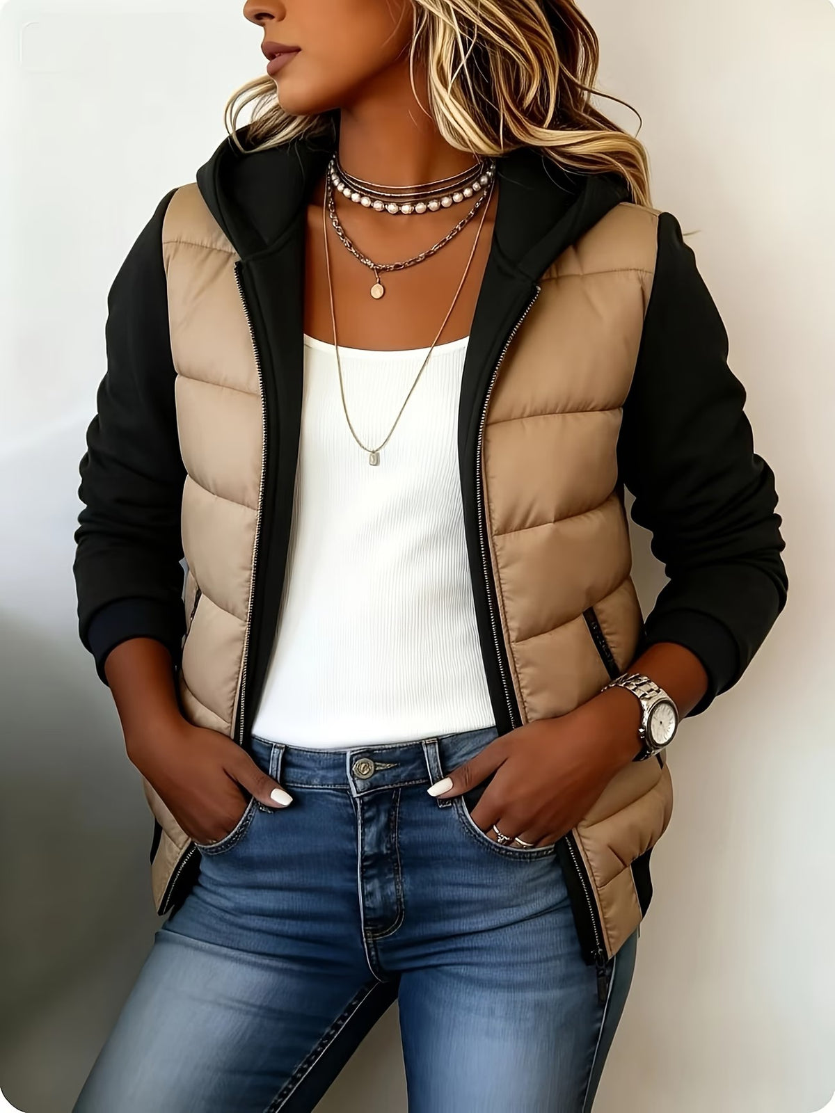 Estrelle™ | Hooded Puffer Jacket with Knit Sleeves