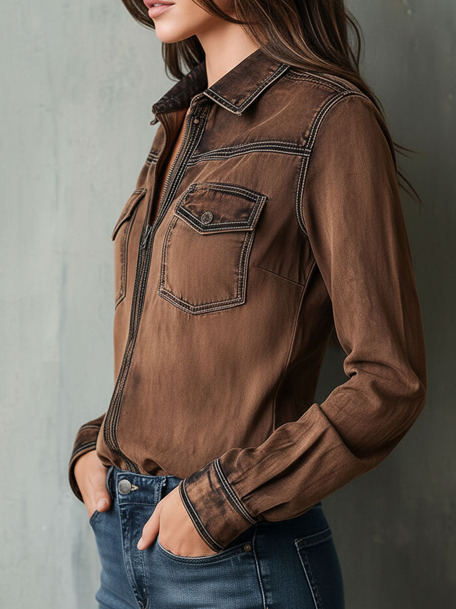 Hildra™ | Vintage Washed Contrast Stitching Utility Zip Shirt Jacket