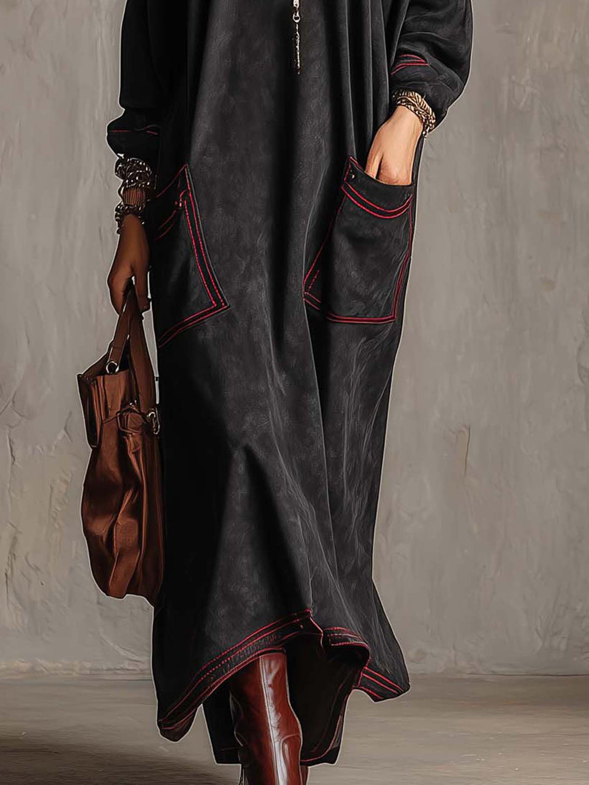 Ilsa™ | Contrast-Stitched Maxi Dress with Patch Pockets