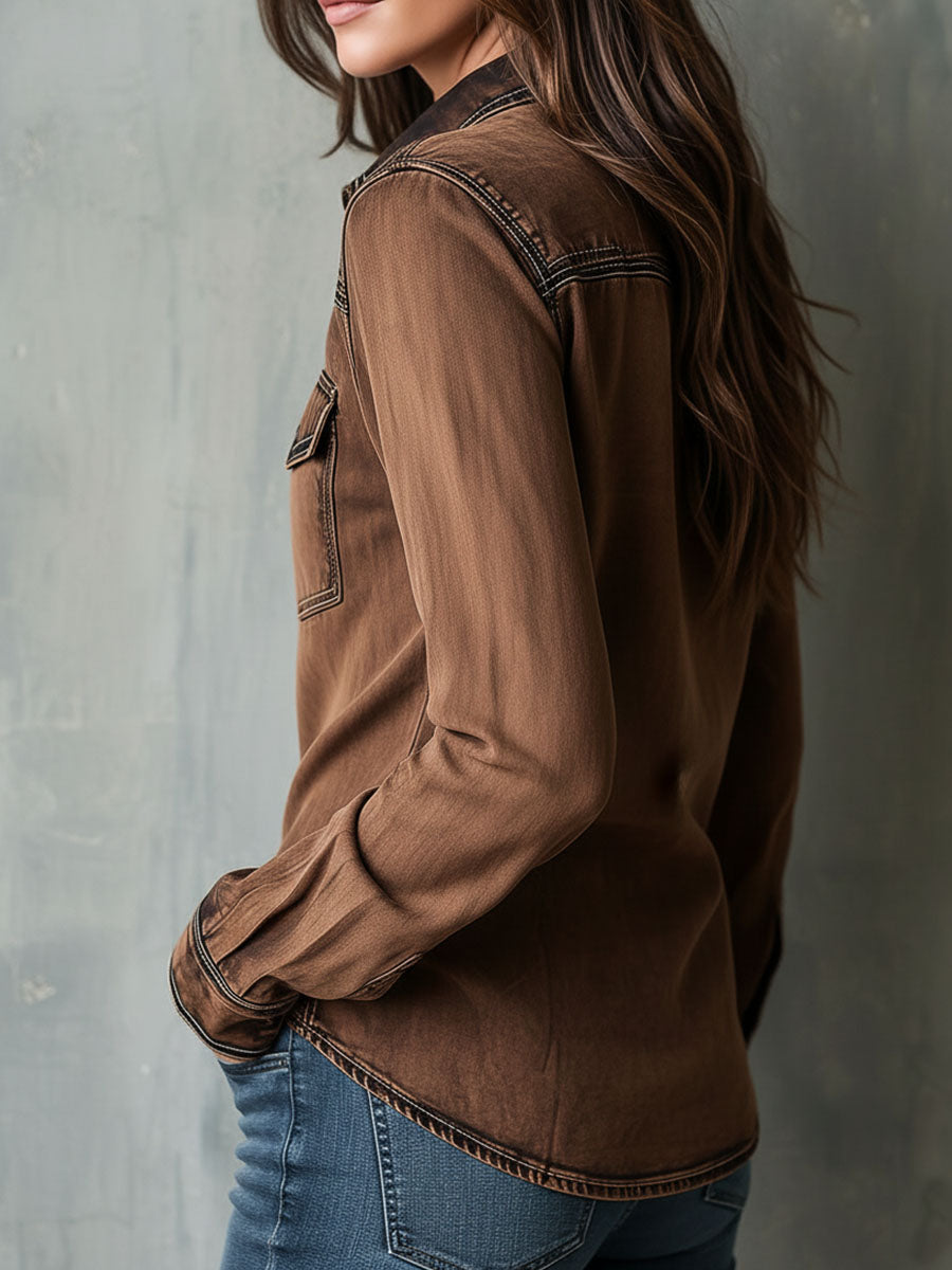 Hildra™ | Vintage Washed Contrast Stitching Utility Zip Shirt Jacket