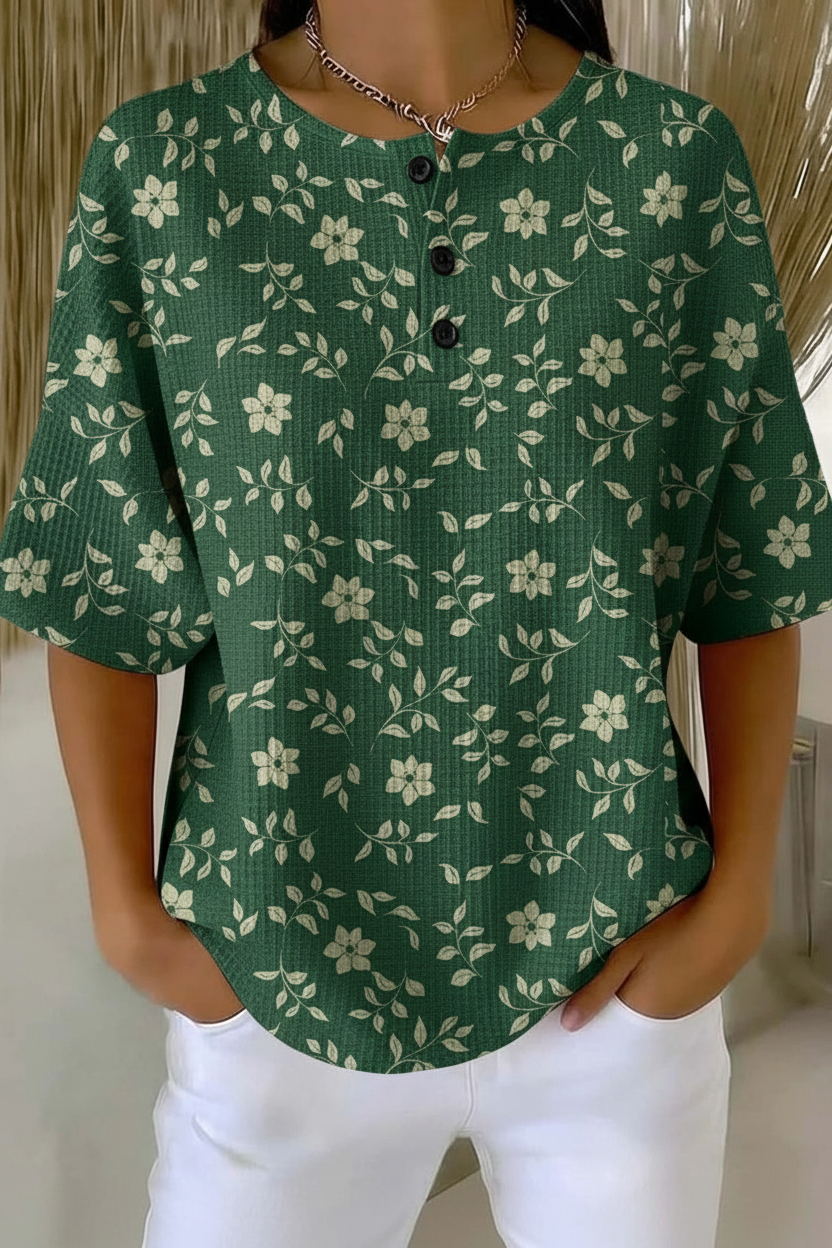 Meadowvine™ | Ditsy Floral Print Henley Short Sleeve Top