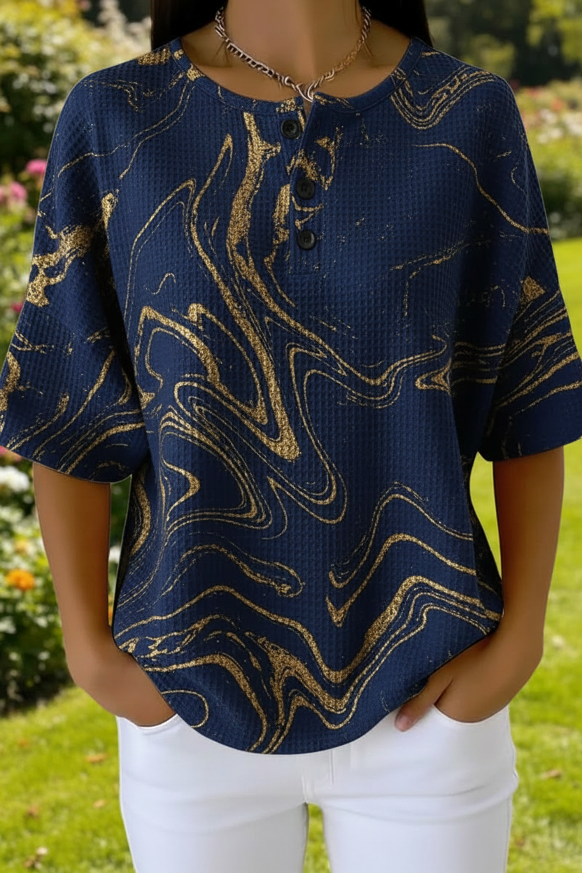 Swanette™ | Marble Swirl Print Henley Short Sleeve Top