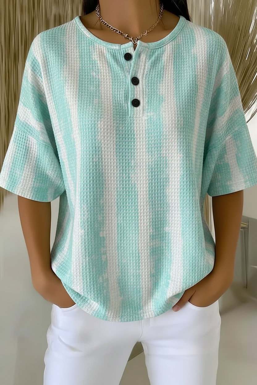 Minette™ | Tie-Dye Stripe Henley Short Sleeve Top