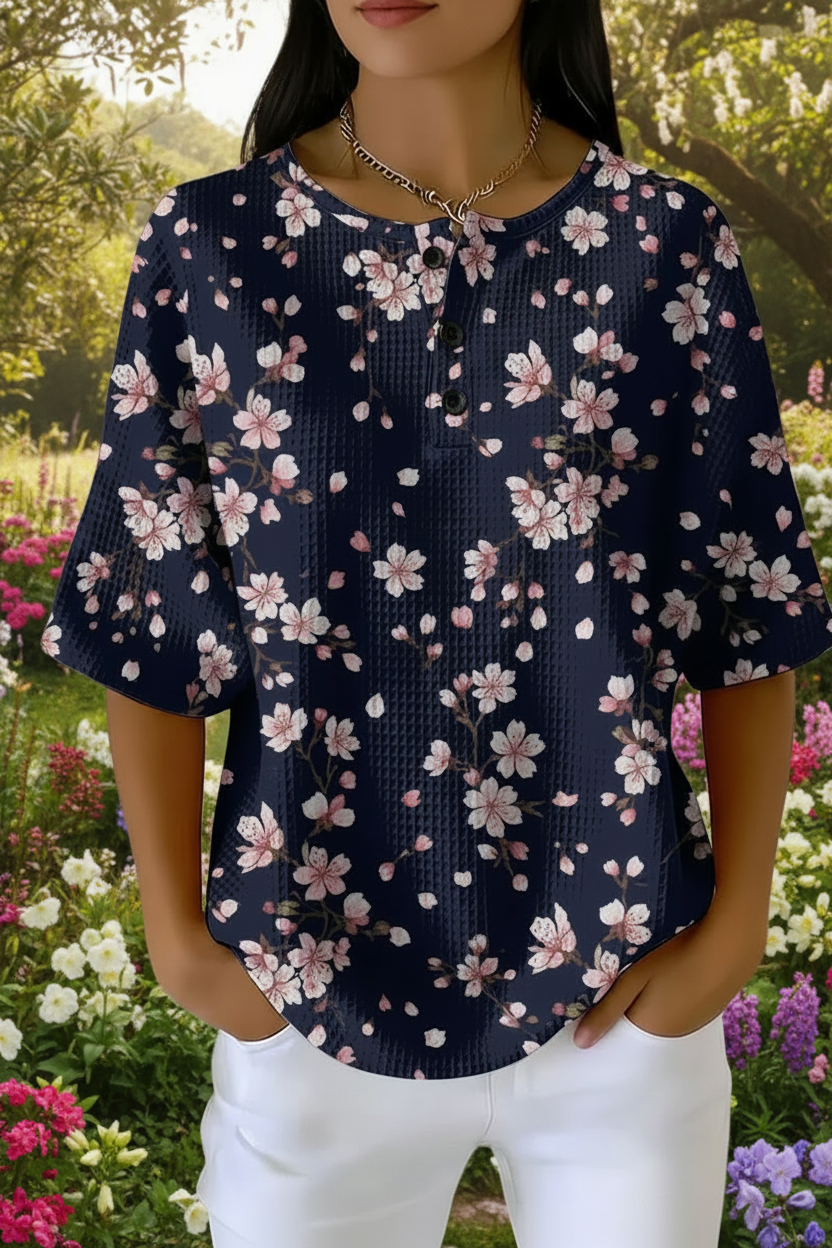 Larkspur™ | Cherry Blossom Floral Henley Short Sleeve Top