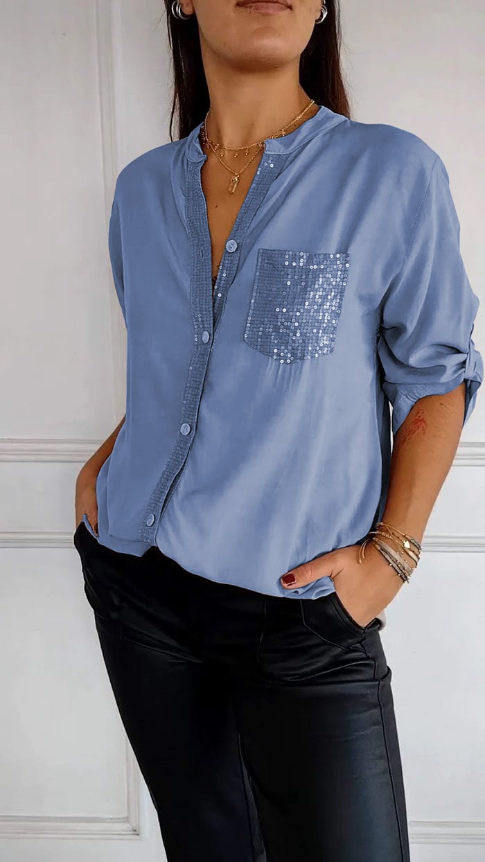 Lucette™ | Sequin Trim Button-Up Shirt