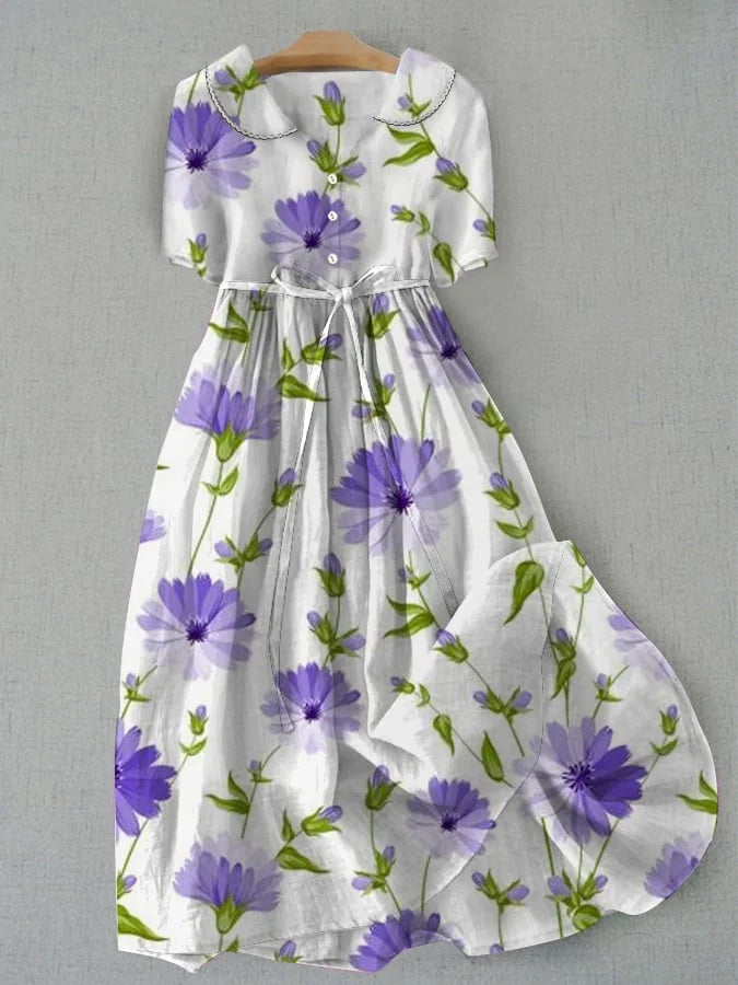 Elowenne™ | Retro Lace-Up Waist Half Sleeve Floral Dress