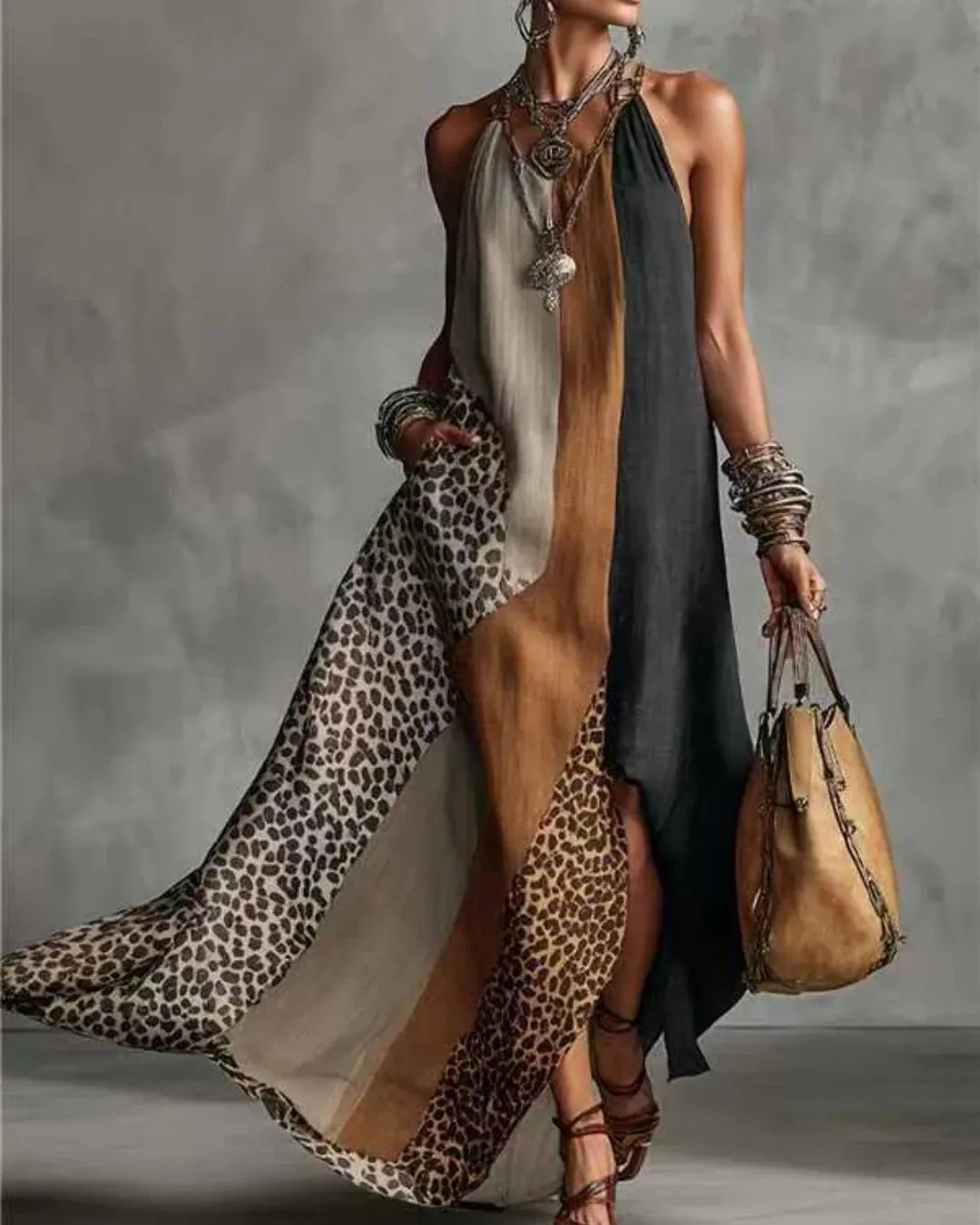 Sleeveless Maxi Dress with Contrast Leopard Pockets