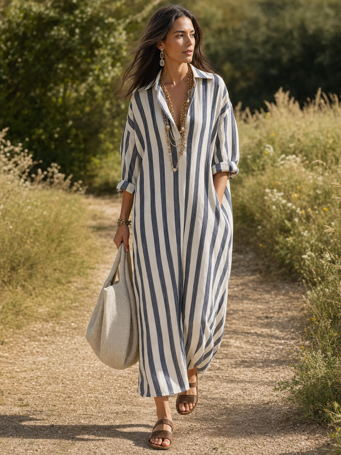 Kestelle™ | Striped Long Sleeve Maxi Dress