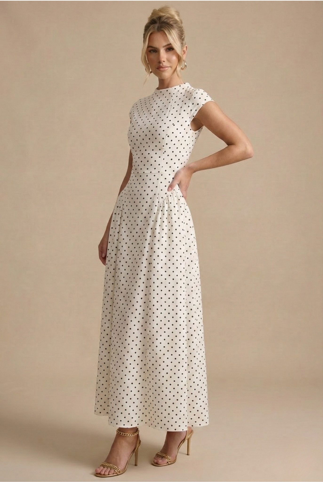 Dorienne™ | Polka Dot Maxi Dress - High Neck Cap Sleeve - Full Skirt