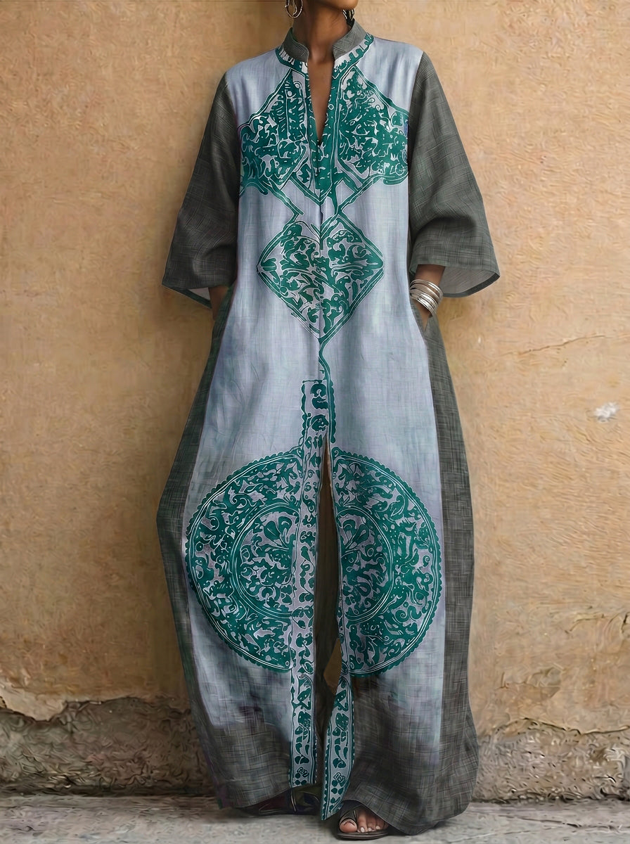 Romilda™ | Loose Three-Quarter Sleeve Contrast Color Ethnic Printed Pockets V-Neck Jumpsuit