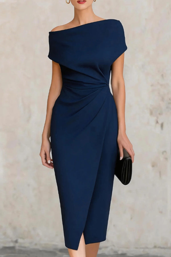 Voncelle™ | Elegant Short-Sleeve Slim-Fit Pleated Midi Dress
