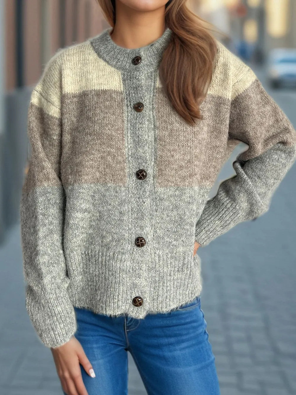 Elowyn™ | Color Block Round Neck Button-Up Cardigan