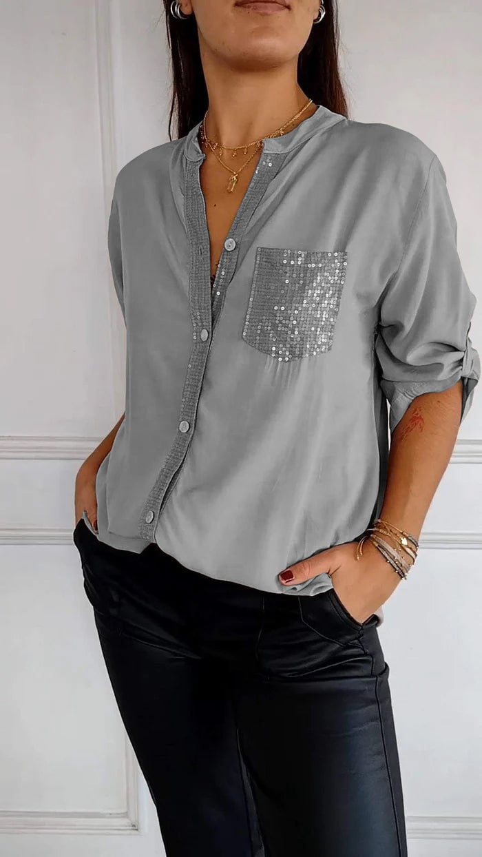Lucette™ | Sequin Trim Button-Up Shirt
