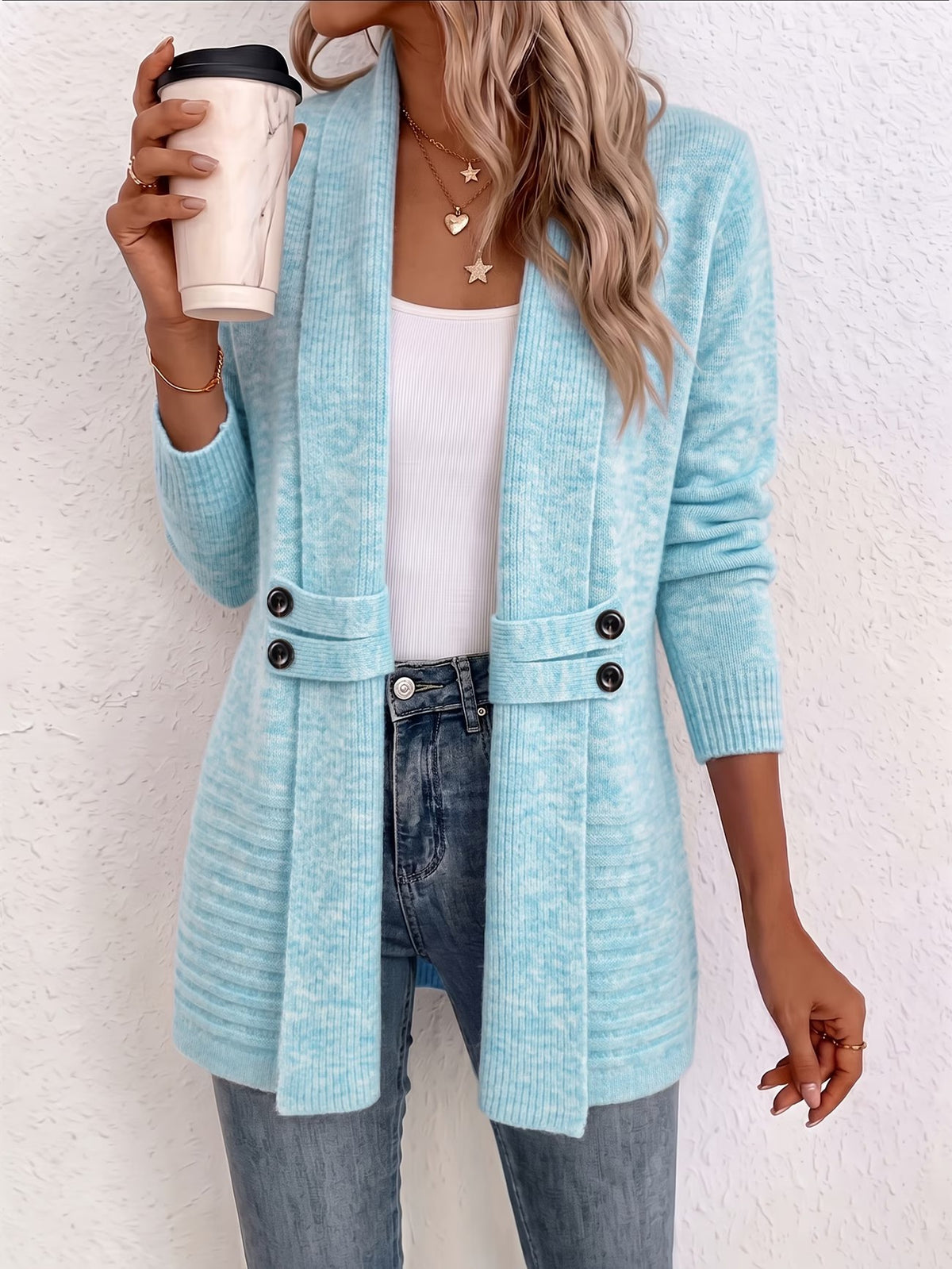 Nova™ | Aqua Ribbed Knit Button-Tab Cardigan