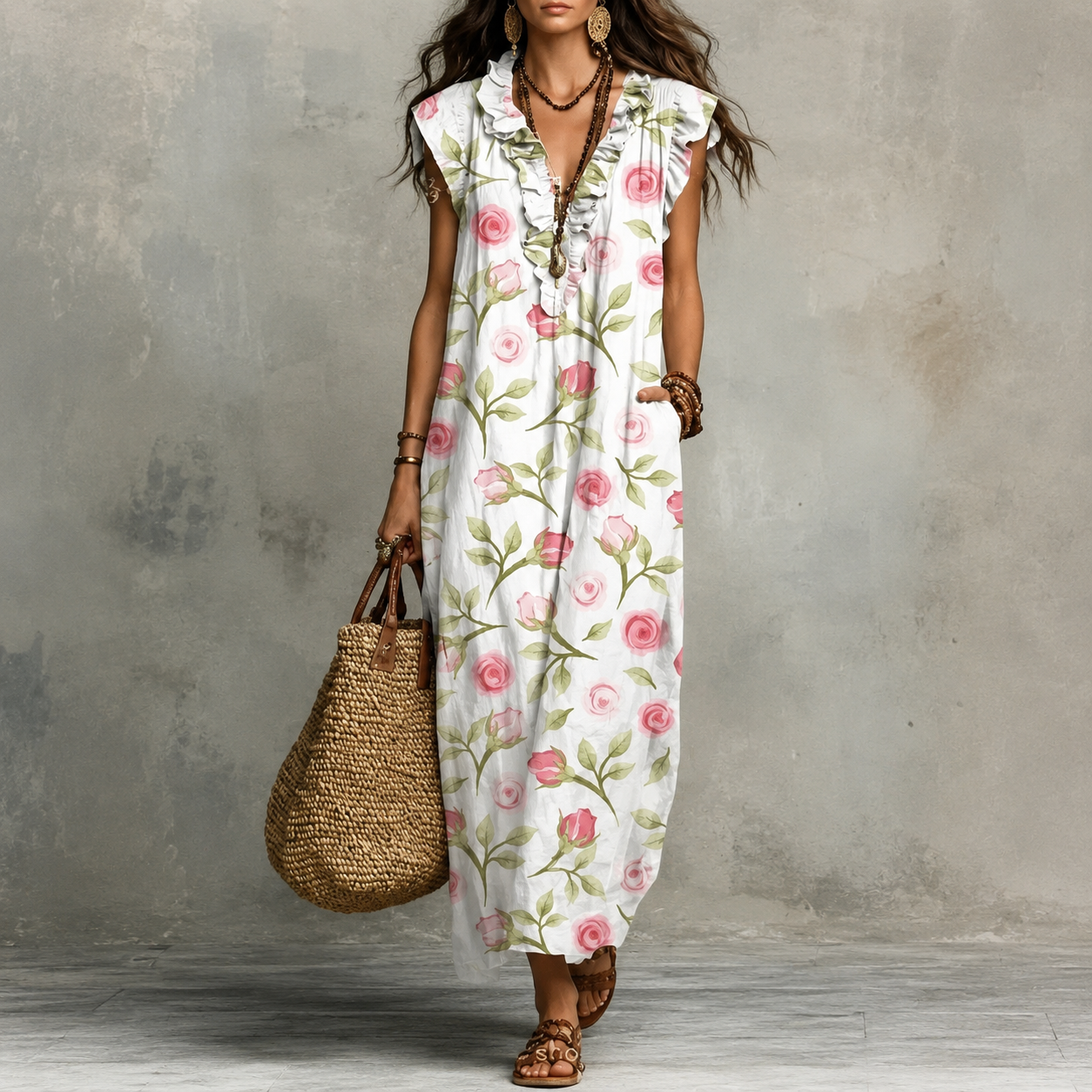 Florence™ | Vintage Floral V-Neck Maxi Dress