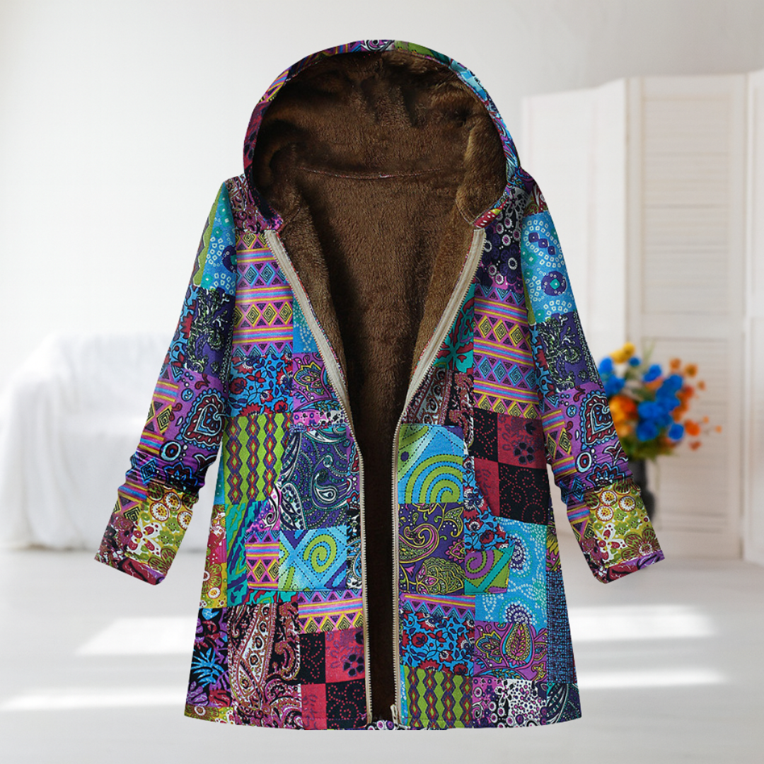 Dovima™ | Boho Patchwork Fleece-Lined Hooded Zip Coat