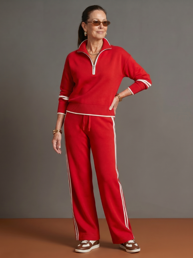 Everly™ | Zip Neck Long Sleeve Side Stripe Pants Set