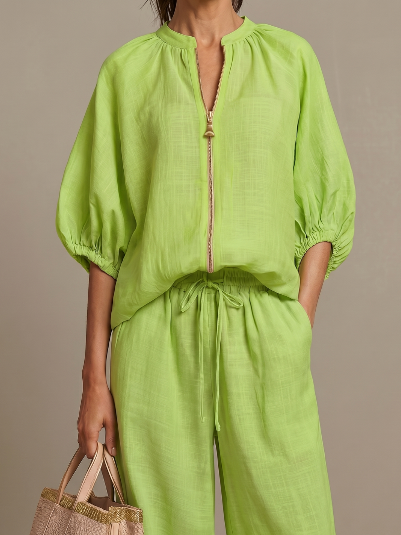 Portia™ | Zip Front Blouson Top Wide Leg Set