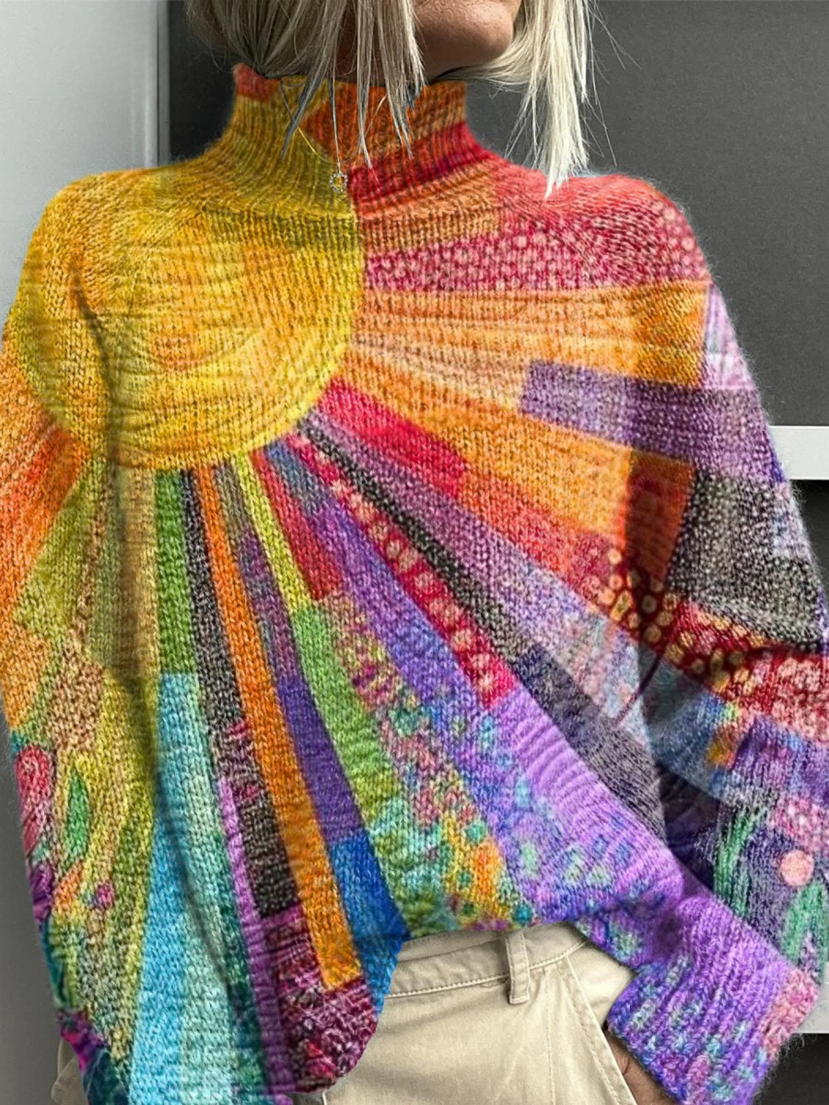 Tessaray™ | Colorful Sunlit Print Turtleneck Sweater
