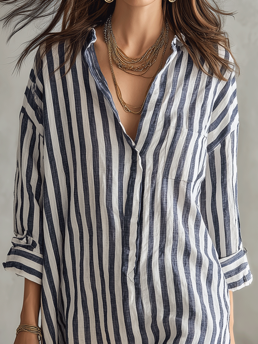 Clivaine™ | Relaxed Striped Oversized Blue & White Shirt Mini Dress