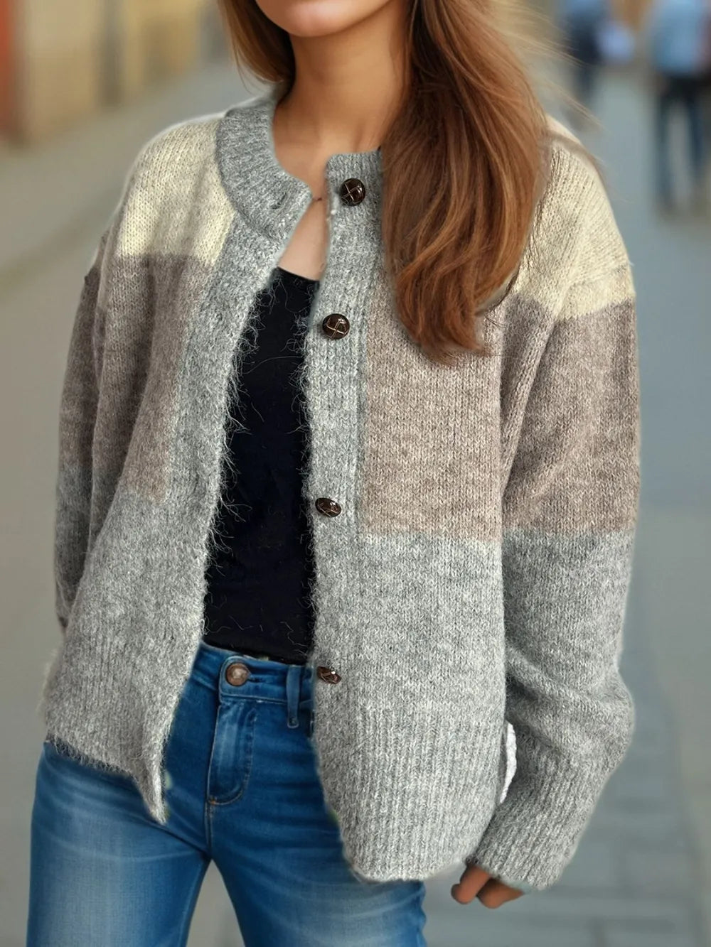 Elowyn™ | Color Block Round Neck Button-Up Cardigan