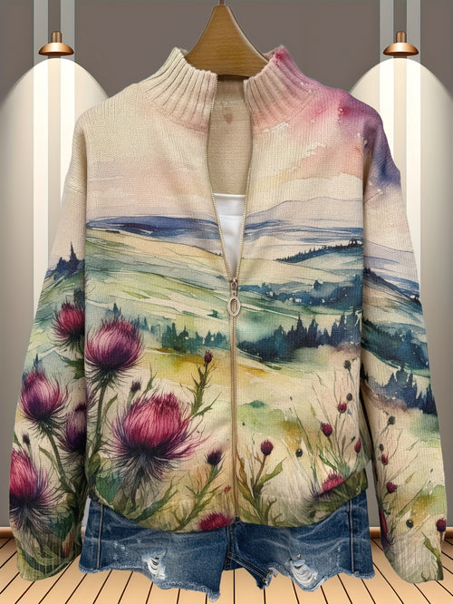 Zelda™ | Scottish Thistle Landscape Zip Cardigan