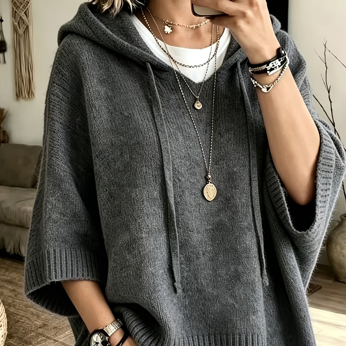 Vynora™ | Casual Drawstring Hooded Poncho Sweater
