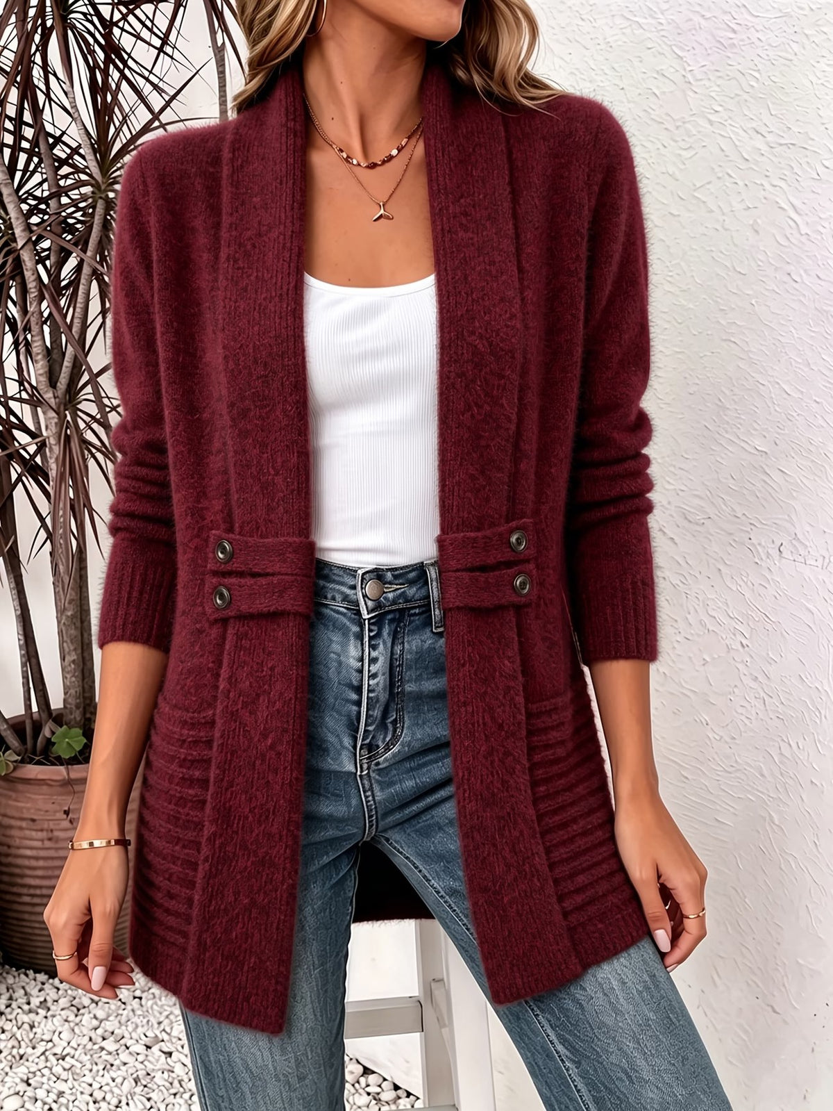 Marlowe™ | Burgundy Ribbed Knit Button-Tab Cardigan
