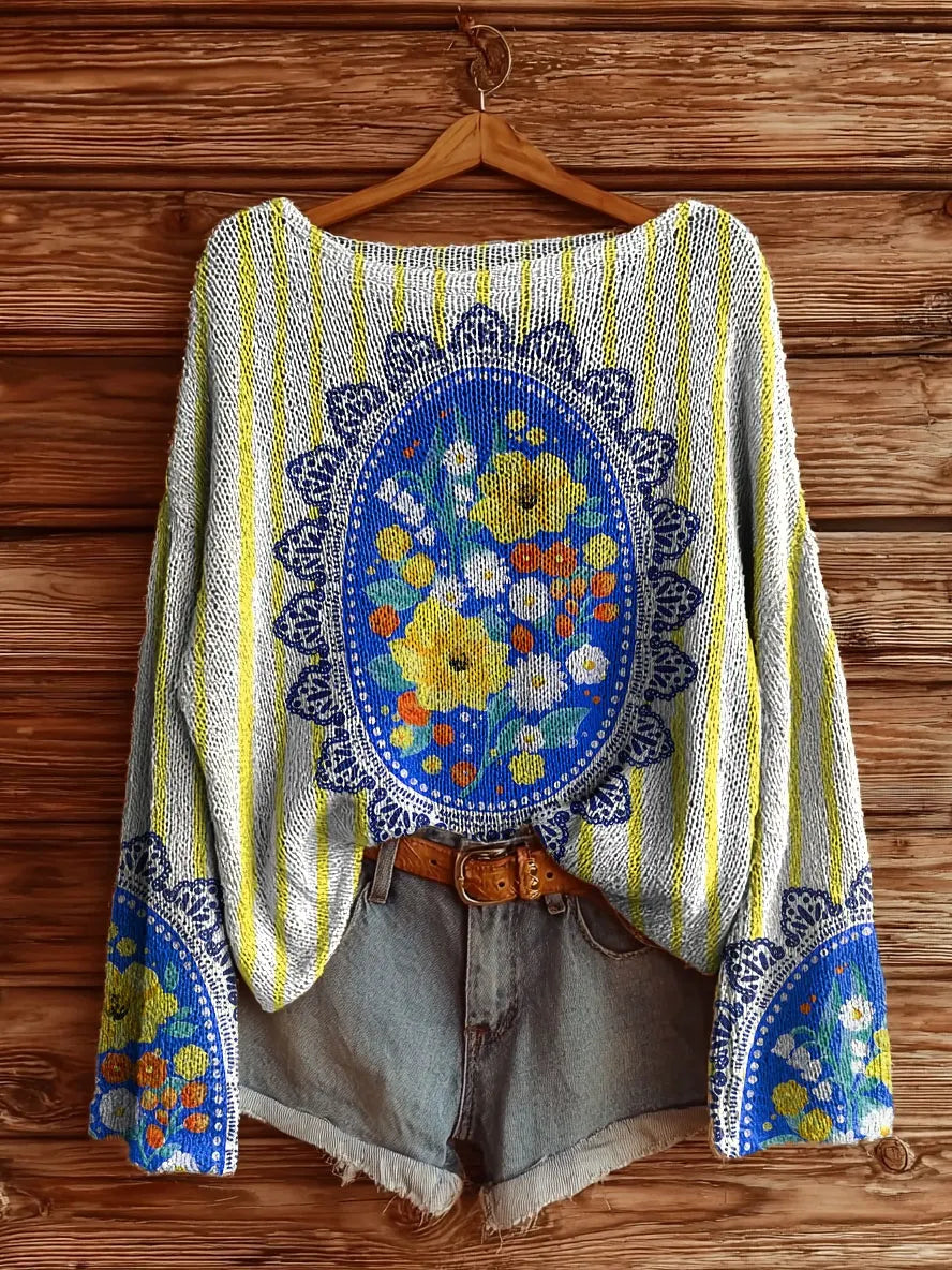 Idalene™ | Striped Floral Tattoo Print Sweater