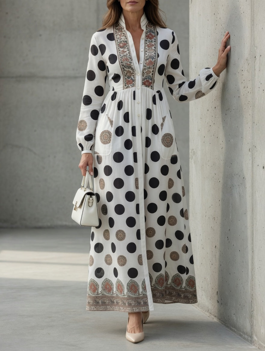 Tatiana™ | Polka Dot Ornate Trim Button-Front Maxi Dress