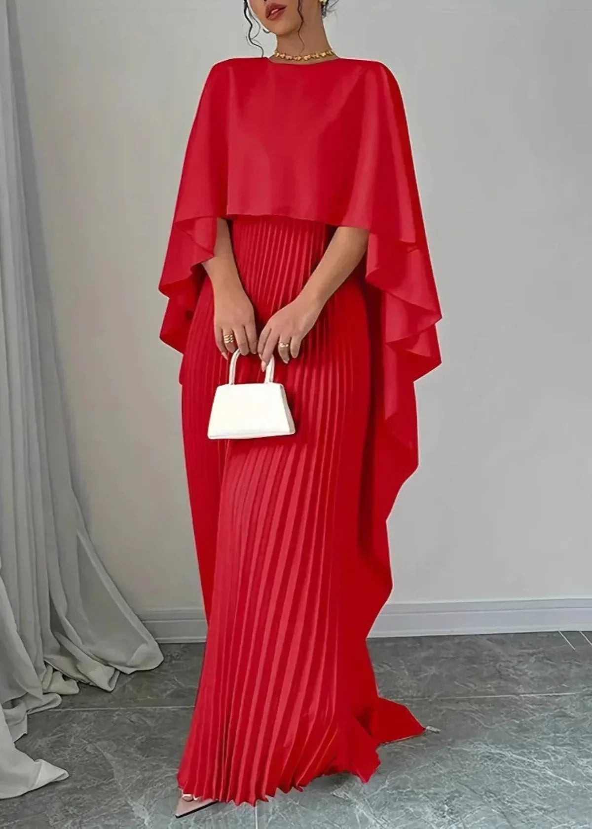 Women’s Wedding Guest Pleated Cape Maxi Dress