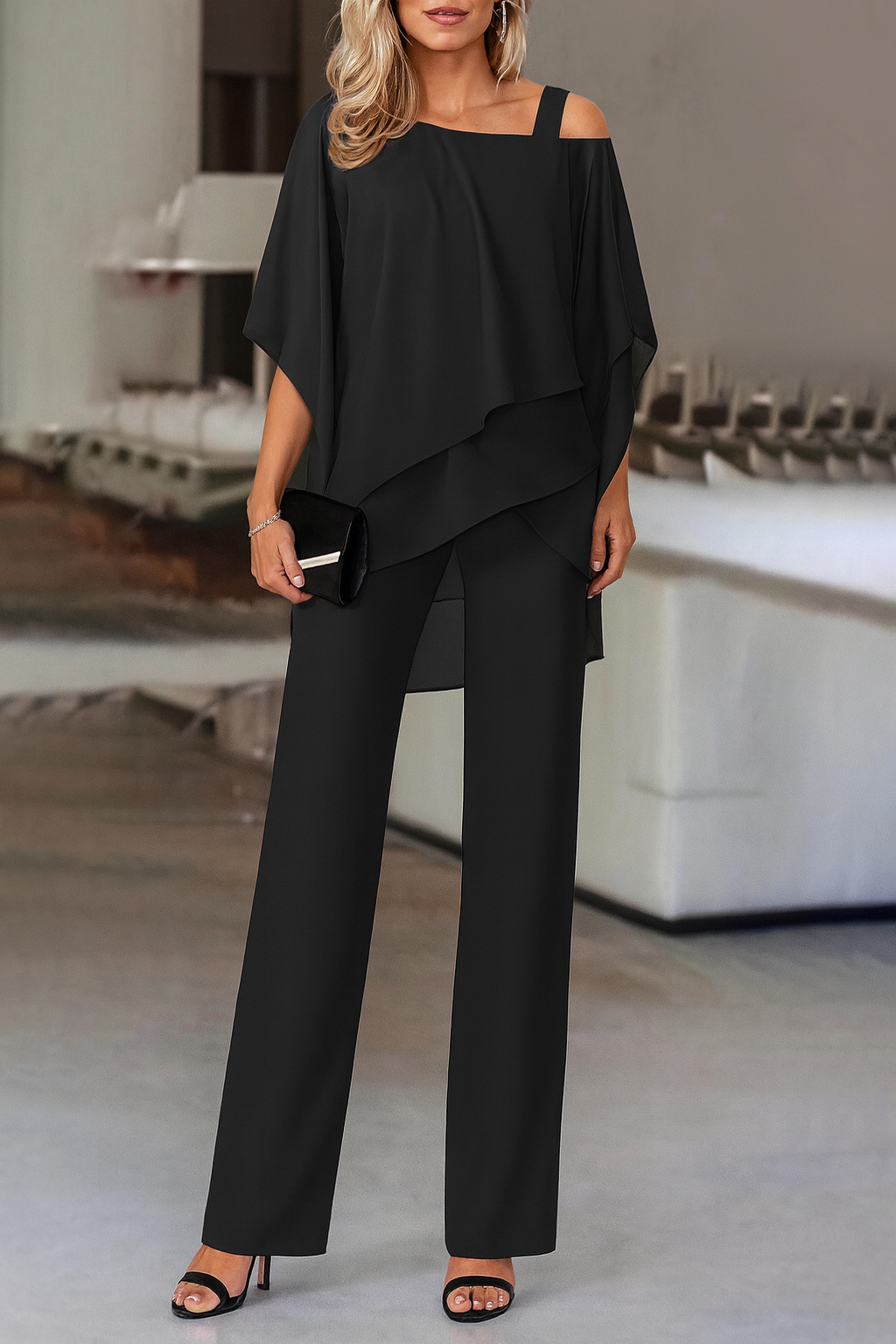 Patricia | Women's Cold-Shoulder Cape-Top Pant Set