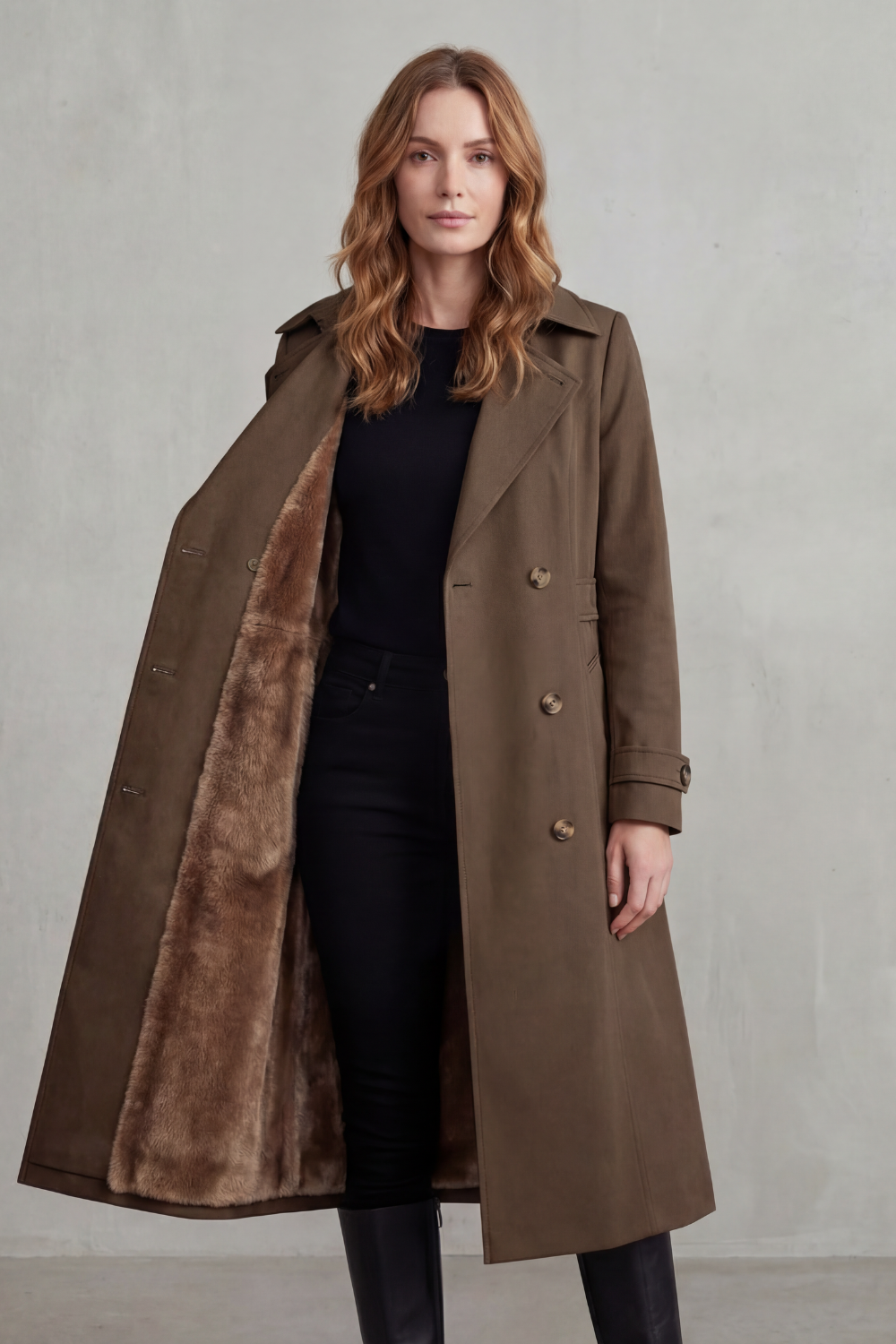 Women's Faux Fur-lined Trench Double-breasted Winter Coat