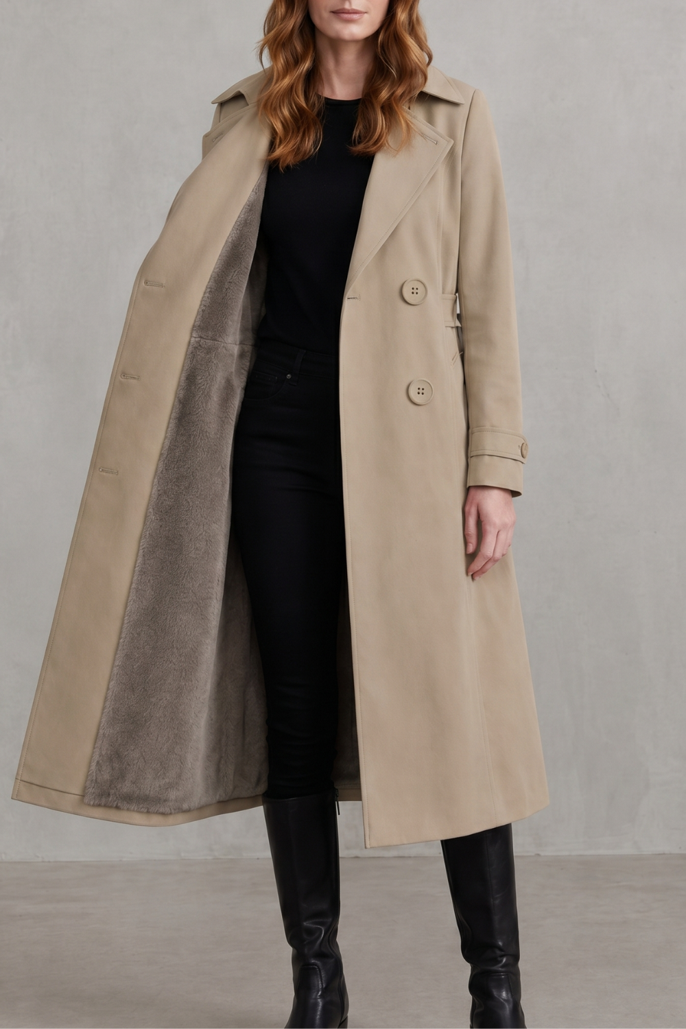 Women's Faux Fur-lined Trench Double-breasted Winter Coat