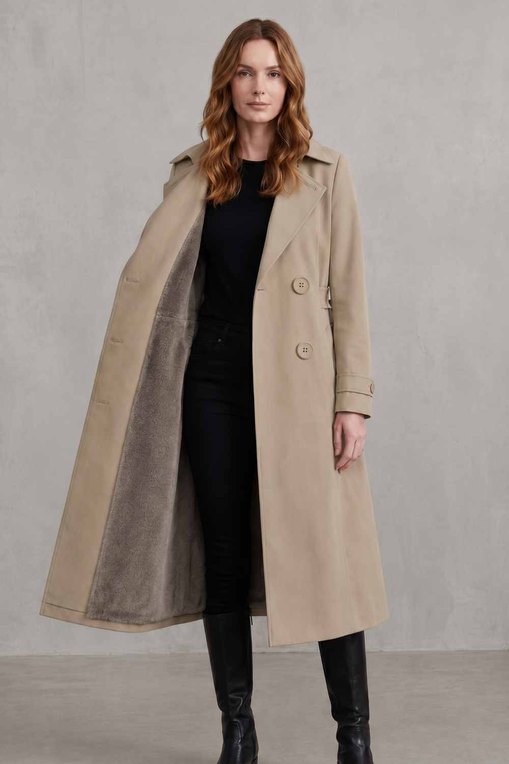 Women's Faux Fur-lined Trench Double-breasted Winter Coat