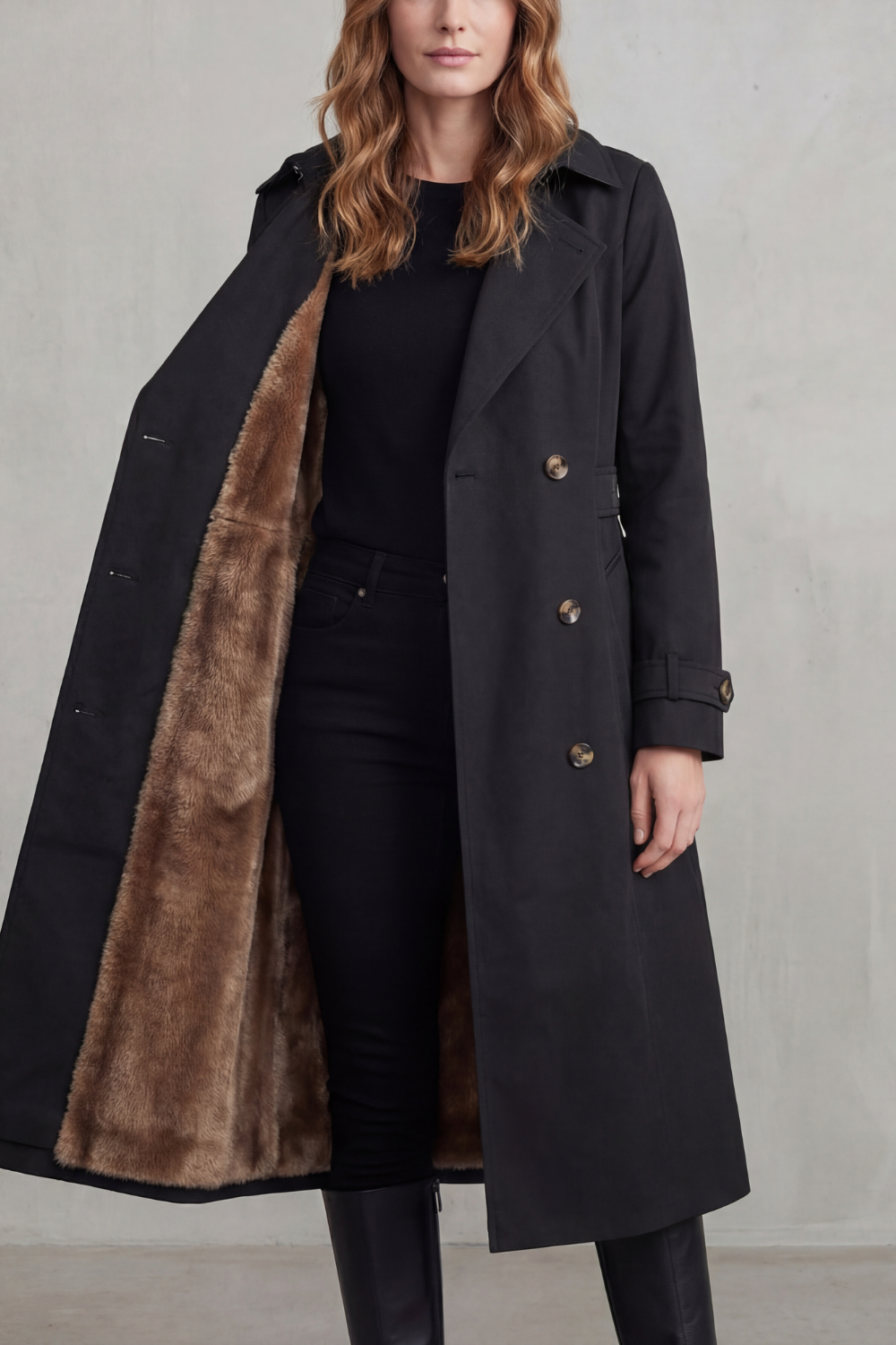 Women's Faux Fur-lined Trench Double-breasted Winter Coat