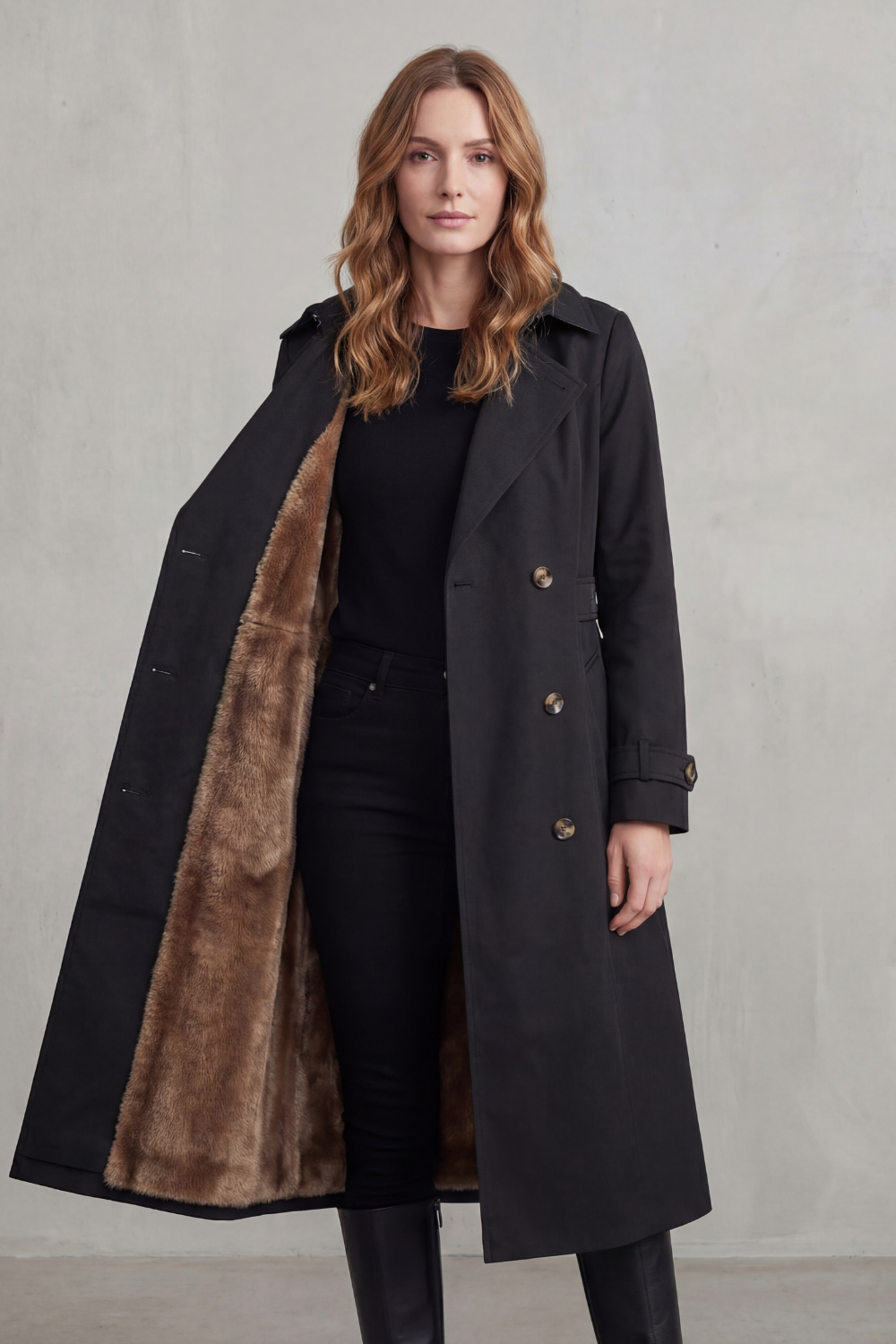 Women's Faux Fur-lined Trench Double-breasted Winter Coat
