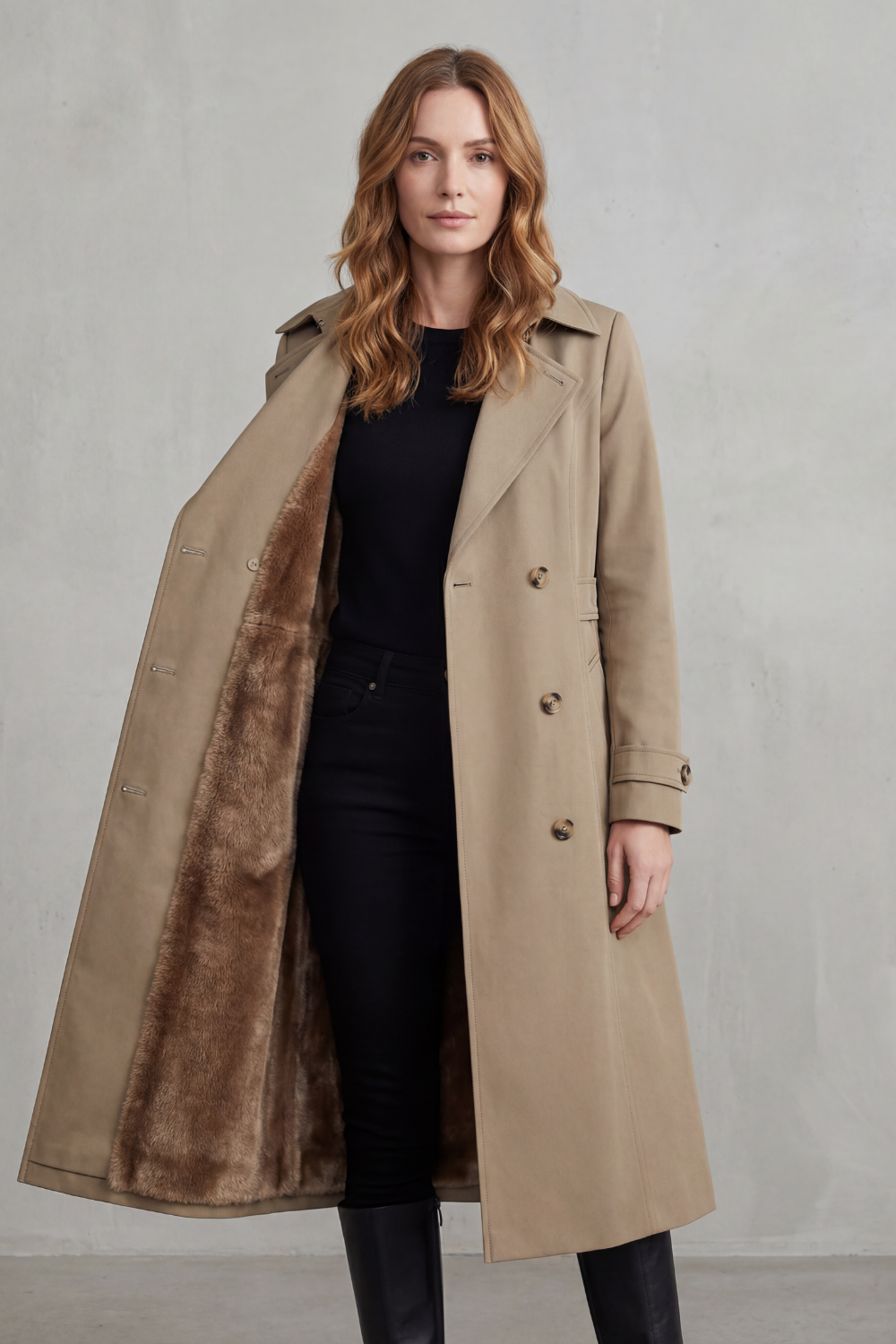 Women's Faux Fur-lined Trench Double-breasted Winter Coat