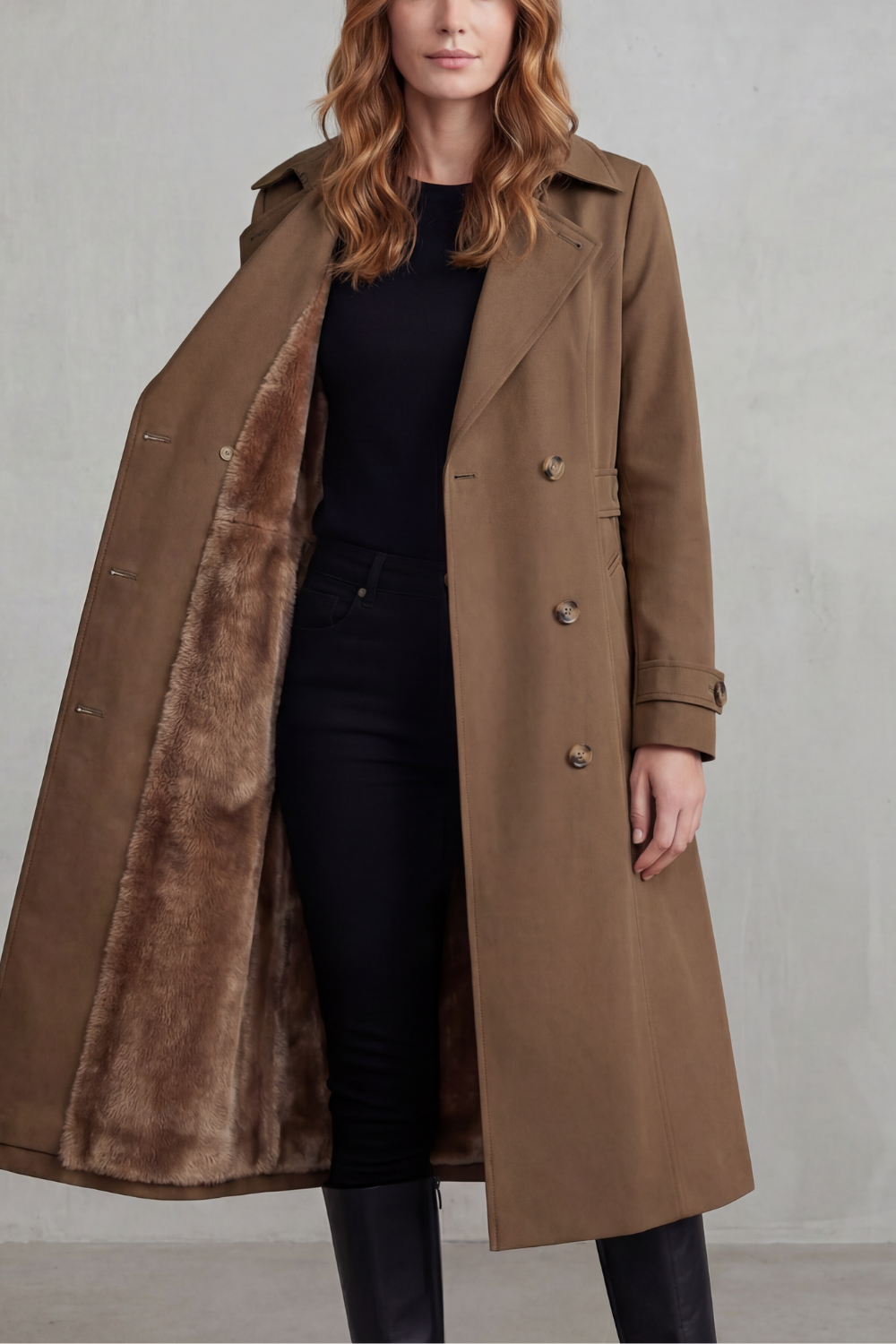 Women's Faux Fur-lined Trench Double-breasted Winter Coat