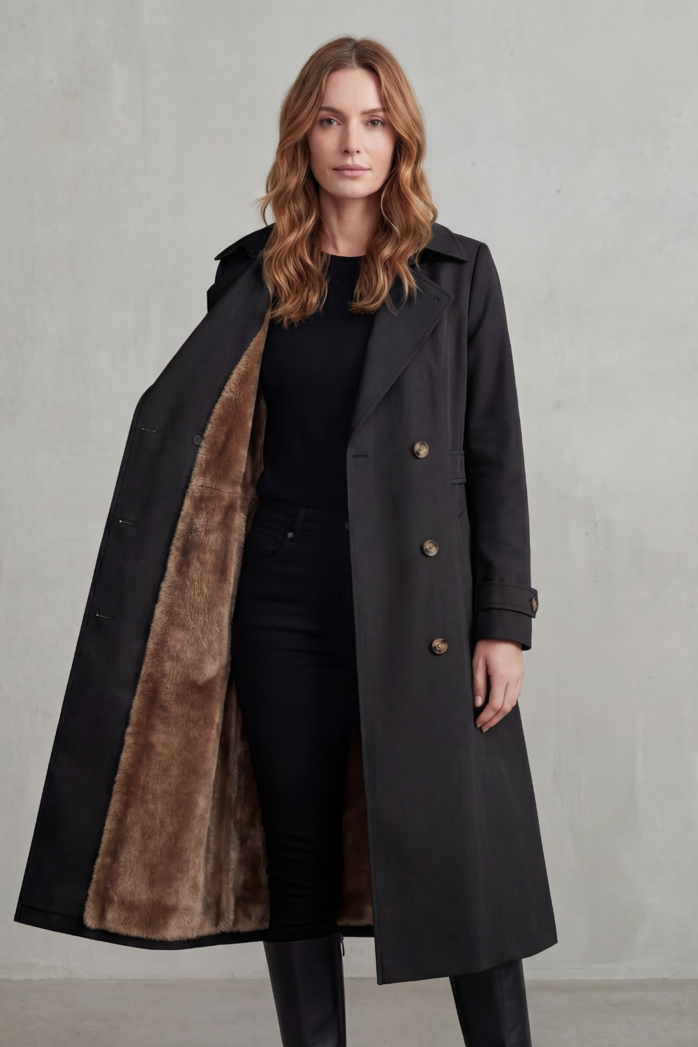 Women's Faux Fur-lined Trench Double-breasted Winter Coat