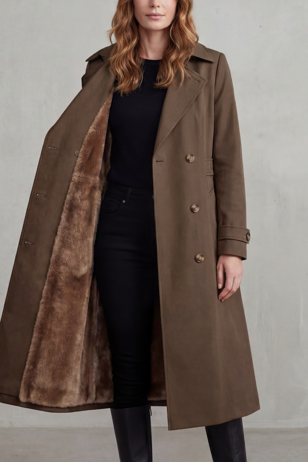 Women's Faux Fur-lined Trench Double-breasted Winter Coat