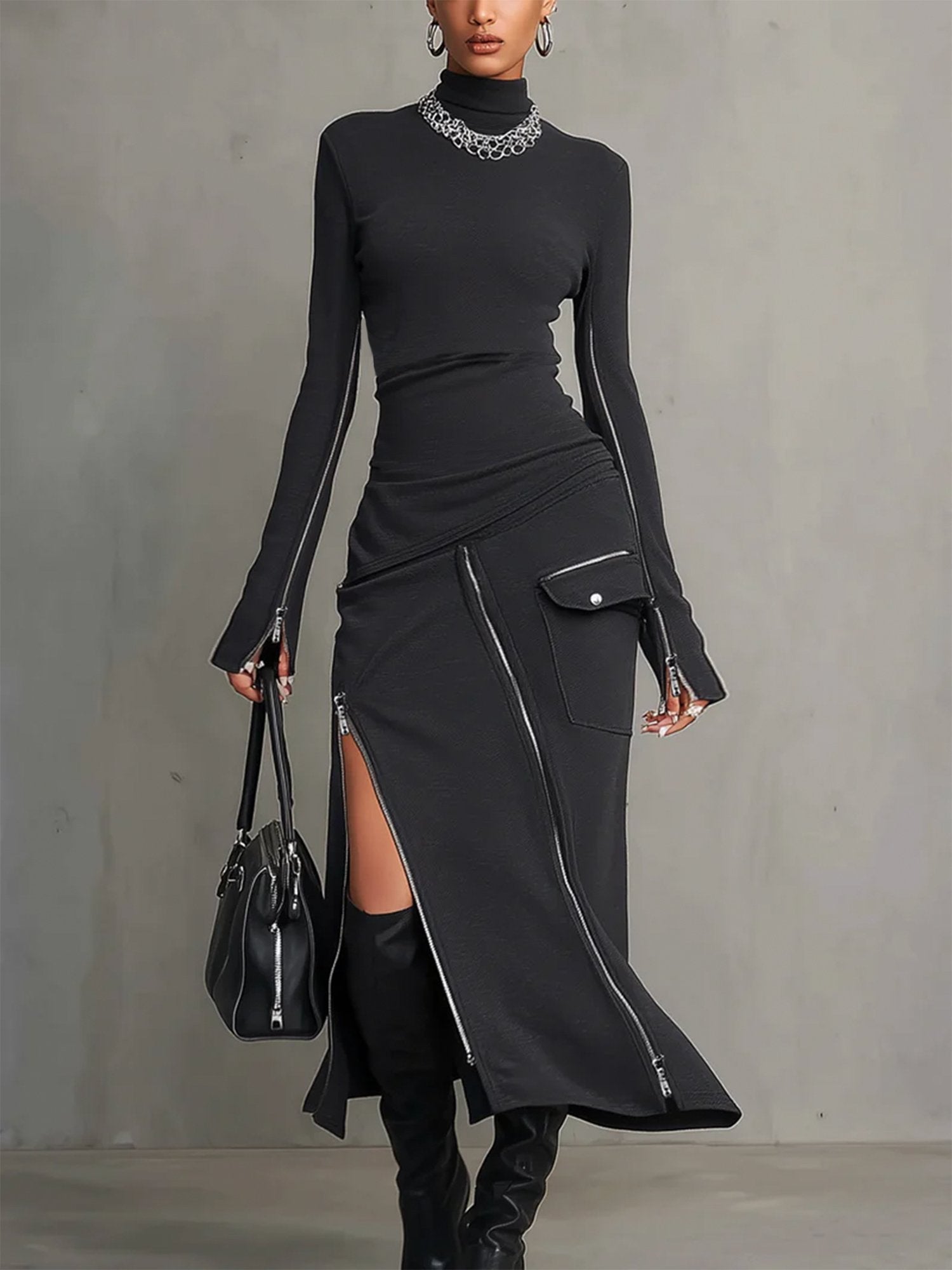 Paloma™ | Turtleneck Two-Piece Set with Zipper Pocket Skirt