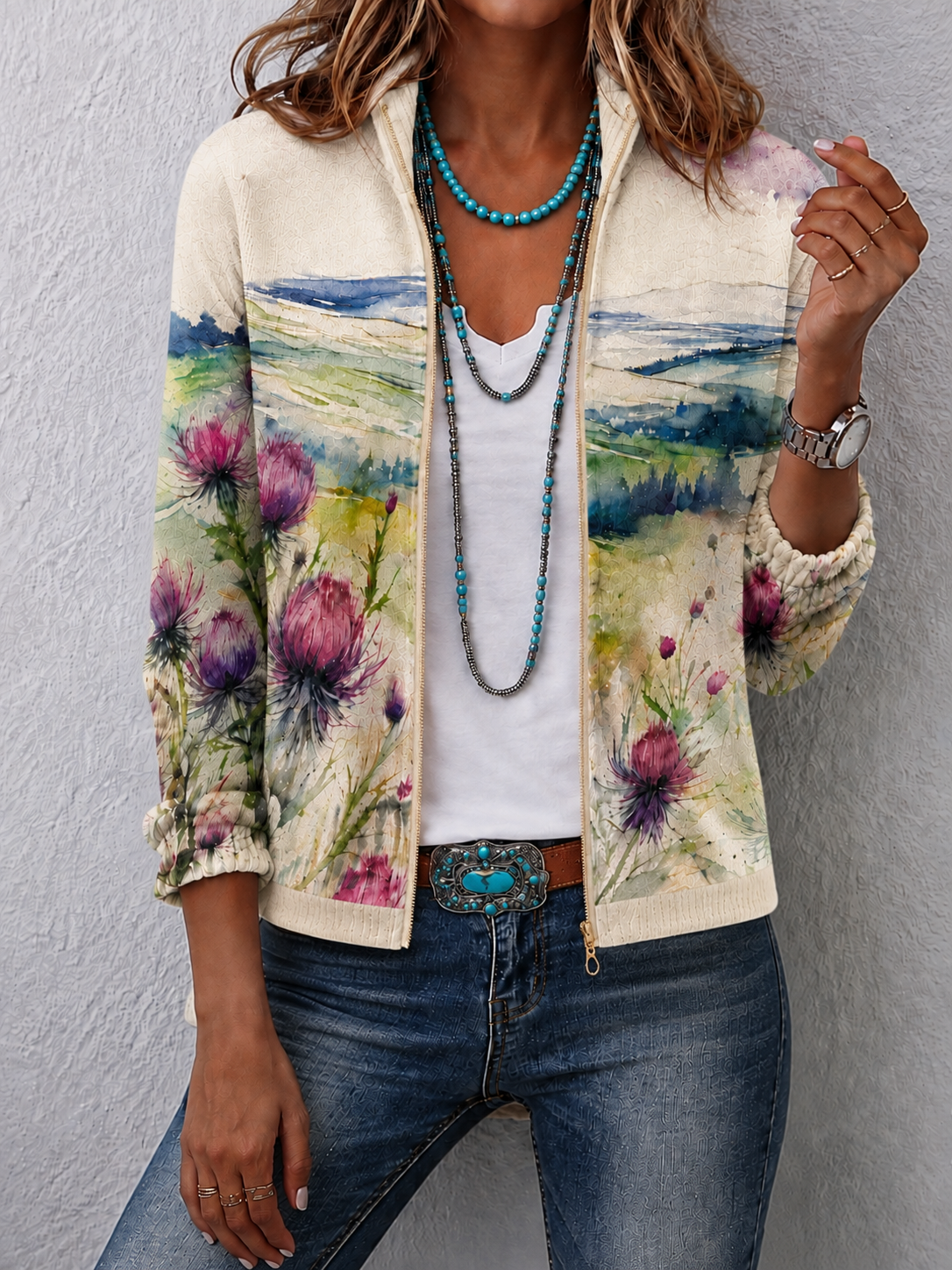 Zelda™ | Scottish Thistle Landscape Zip Cardigan