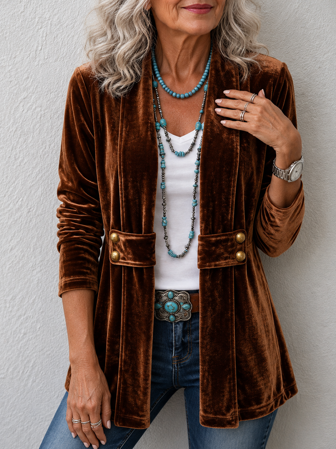Holliwell™ | Vintage Lapel Button-Accent Long Sleeve Open Front Jacket