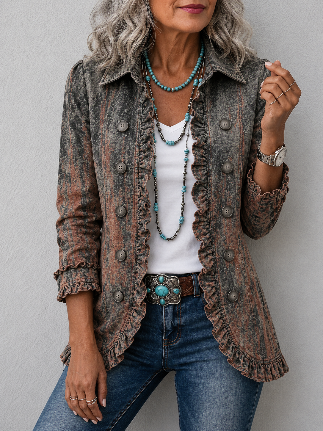 Bristow™ | Vintage Gradient Textured Print Ruffle Jacket