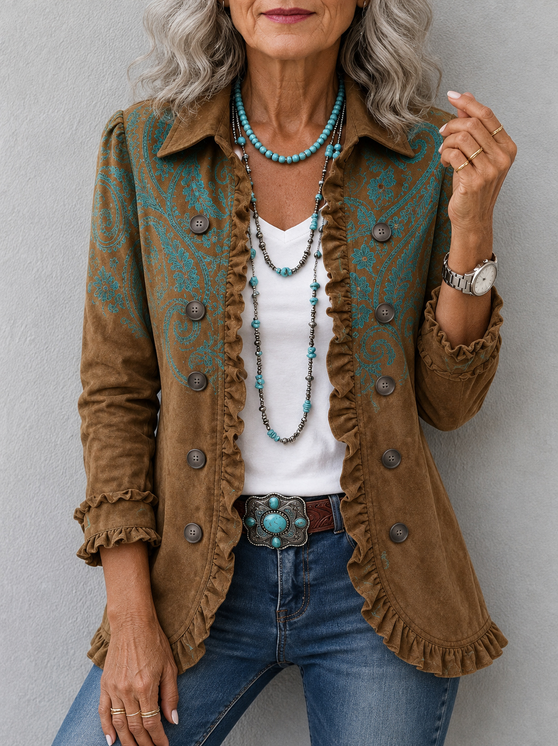 Goldenridge™ | Paisley Print Ruffle Jacket