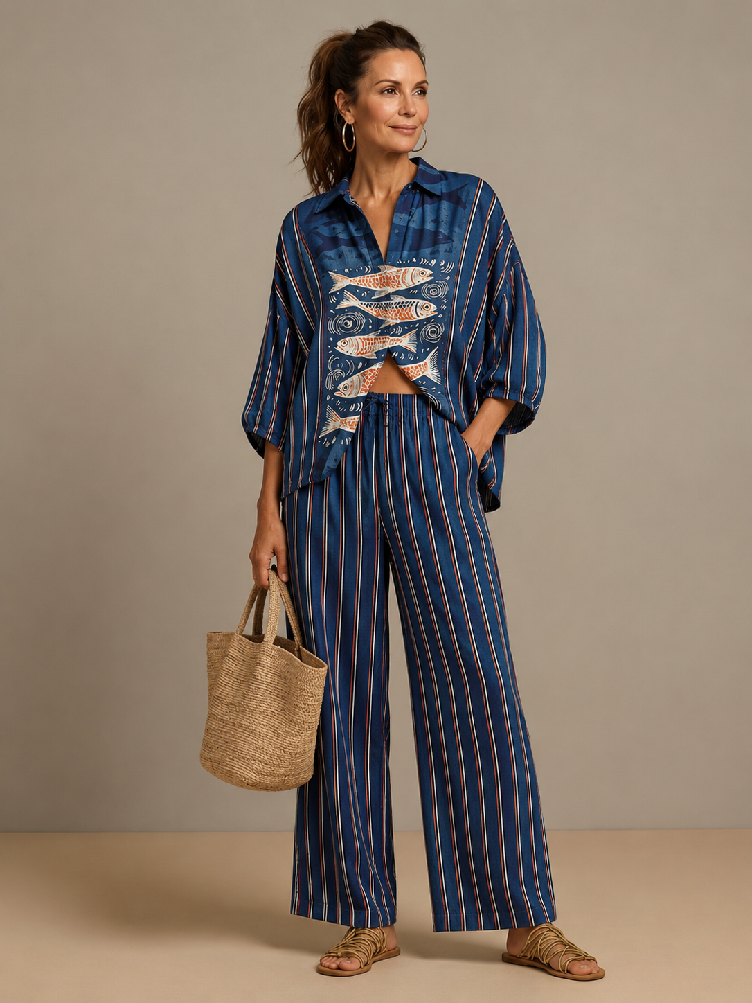 Brindley™ | Striped Fish-Print Shirt & Wide-Leg Pants Set