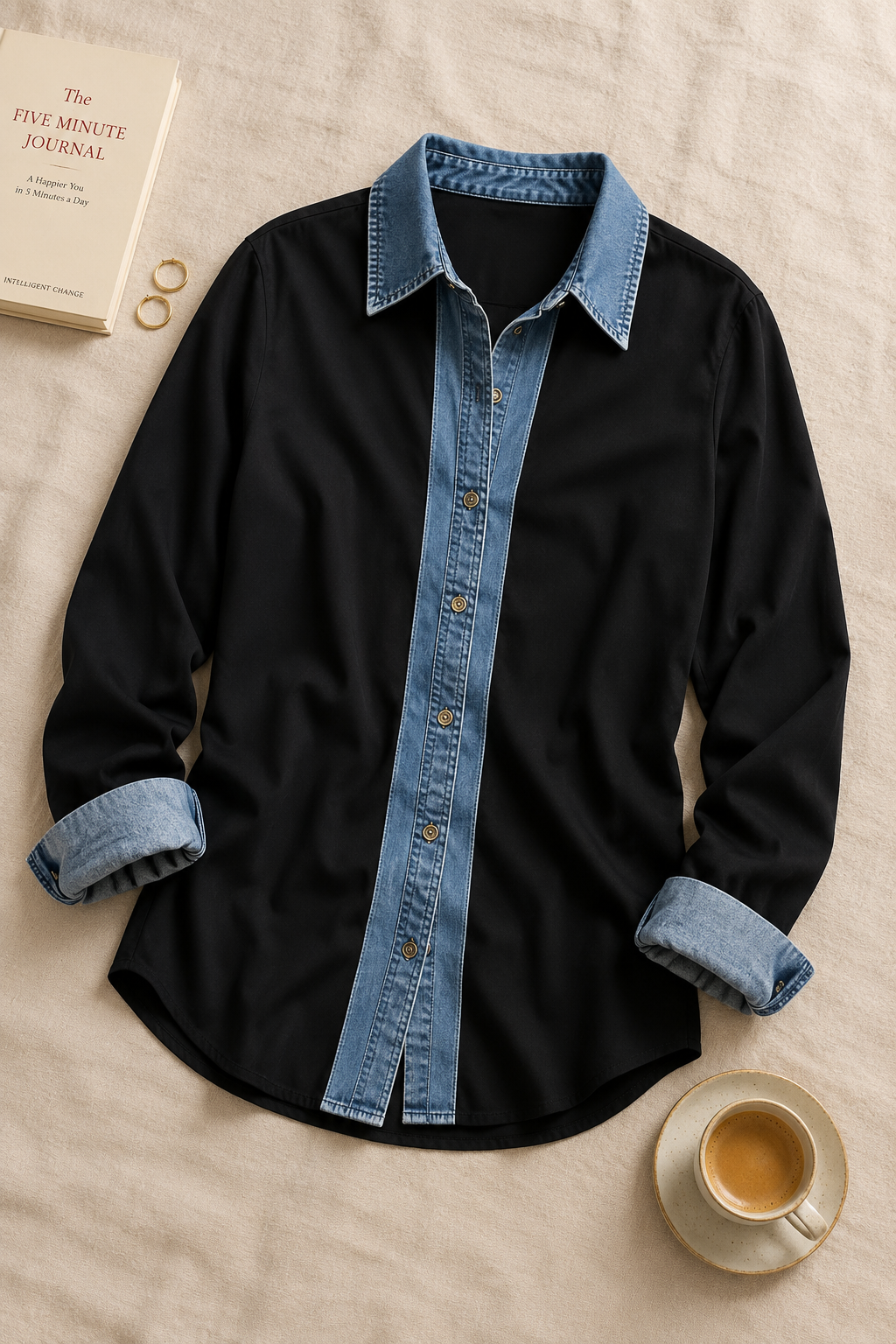 Isadora™ | Two-Tone Denim Trim Button-Up Shirt