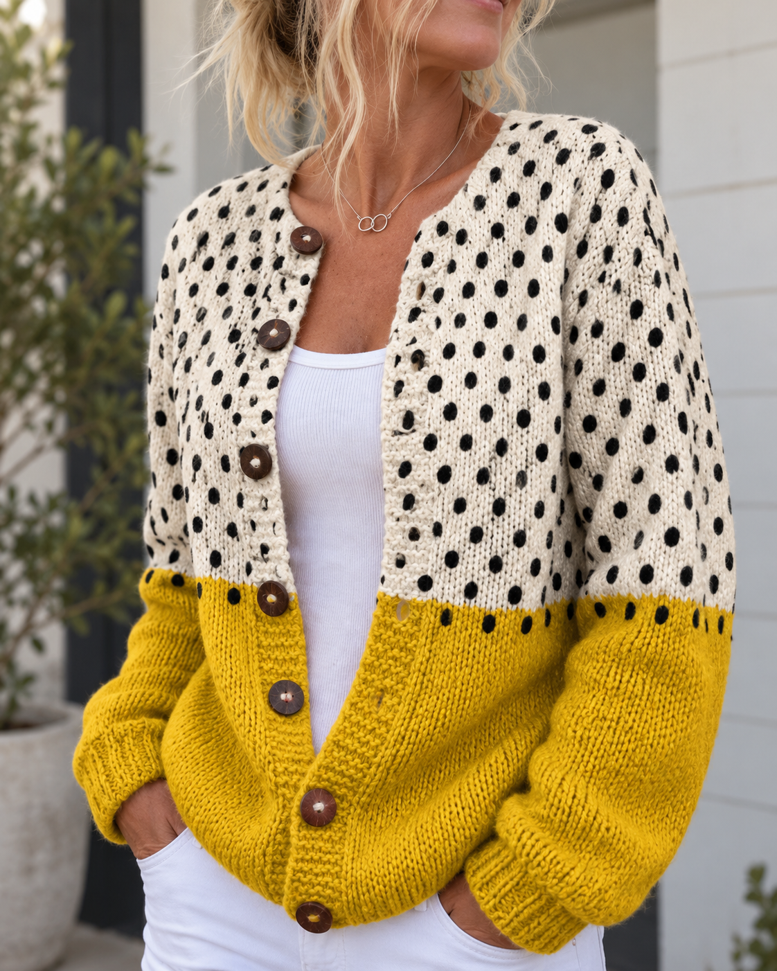Ruvaine™ | Polka Dot Color Block Buttoned Cardigan