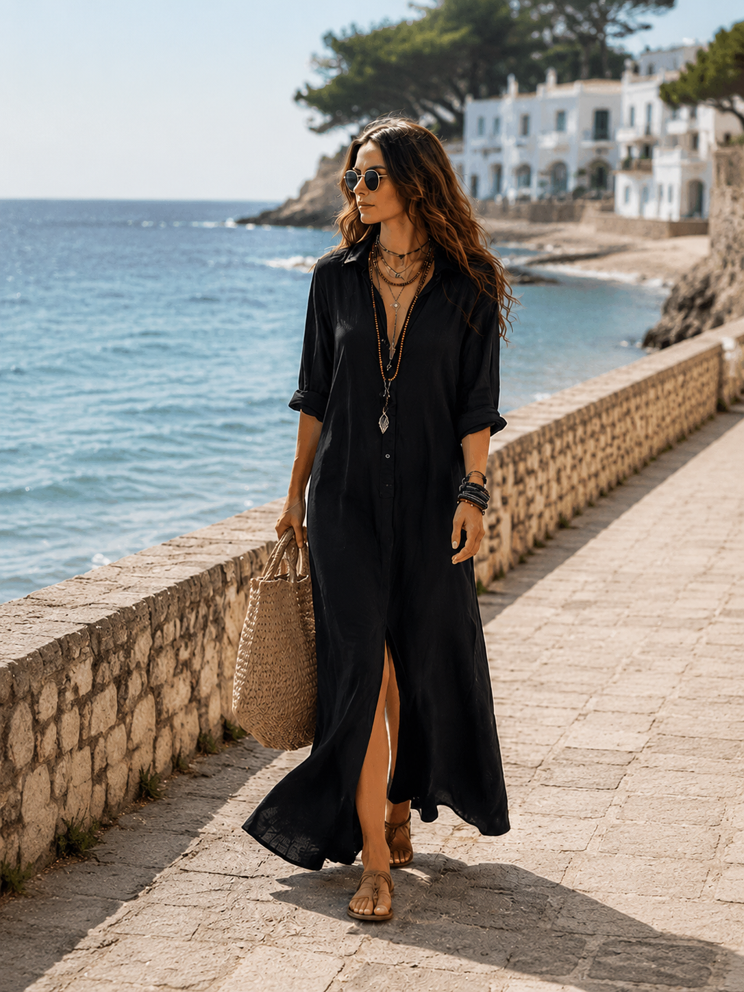 Greta™ | Button-Front Bohemian Shirt Maxi Dress